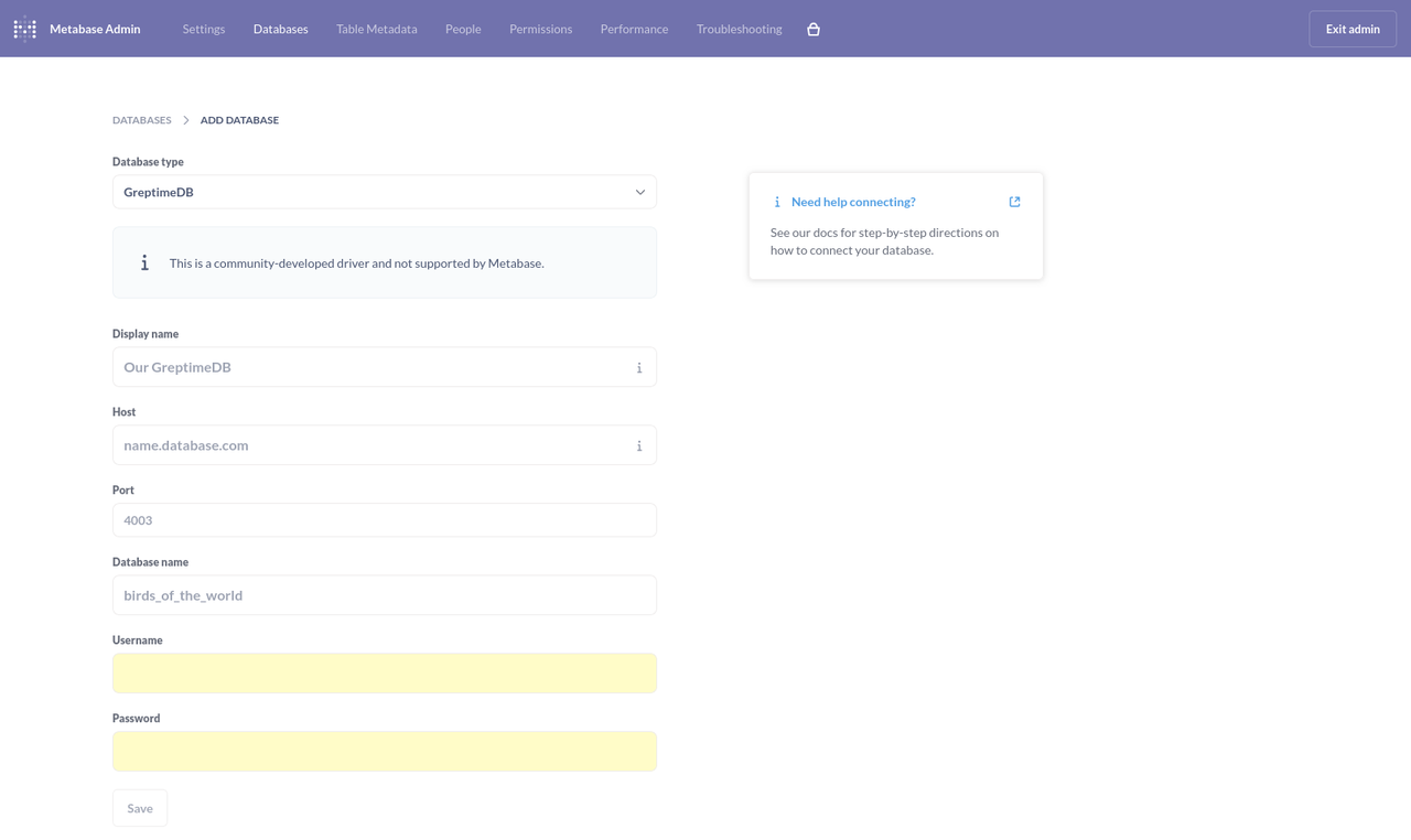 Select GreptimeDB as Database Type in Metabase