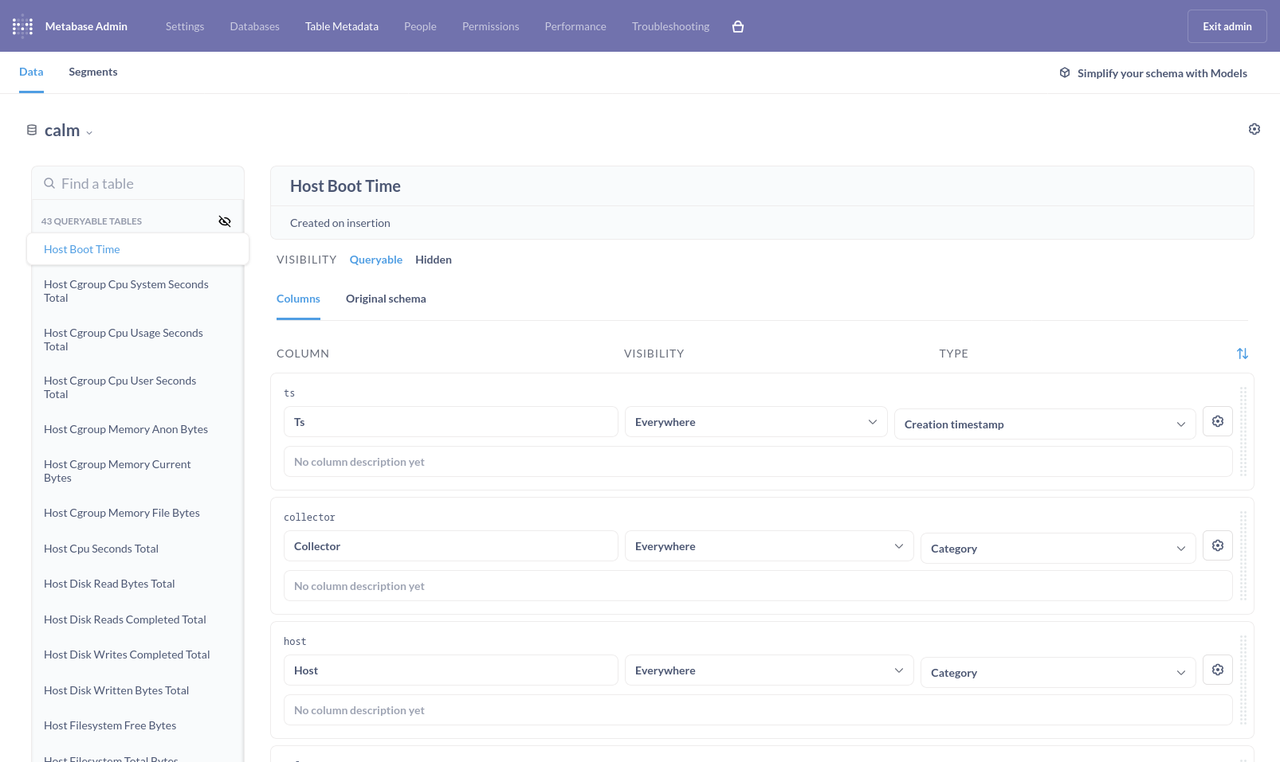 Metabase, Extract Table Info from GreptimeDB