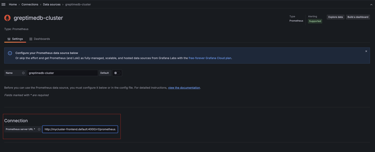 Add the GreptimeDB Cluster as a standard Prometheus source