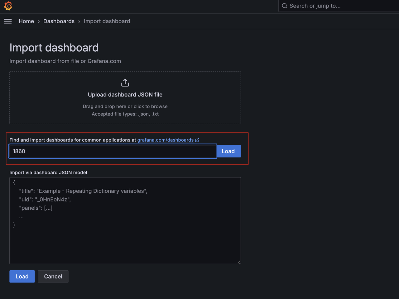 Import the Node Exporter Dashboard through its ID