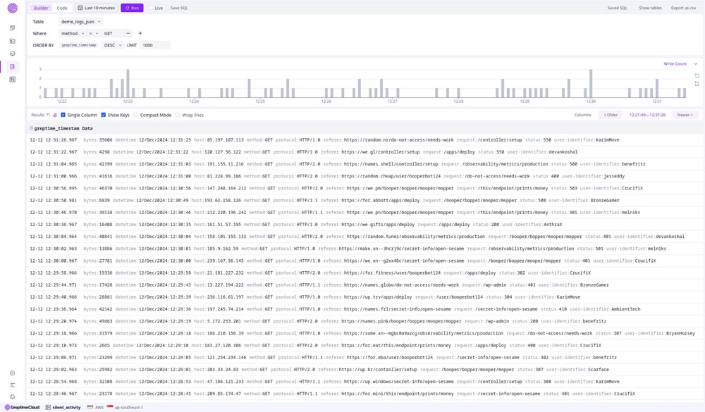 GreptimeDB Dashboard UI Log View