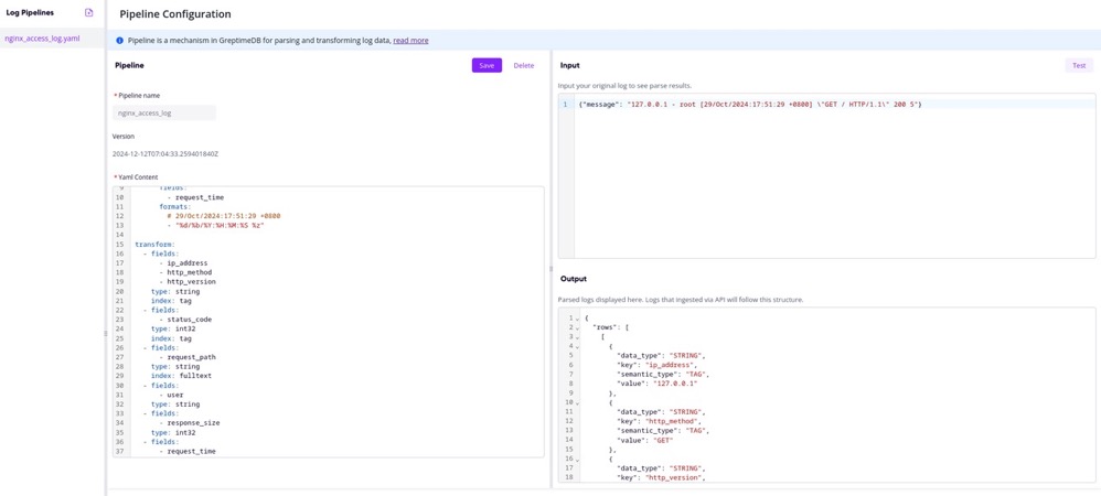 GreptimeDB Pipeline Management