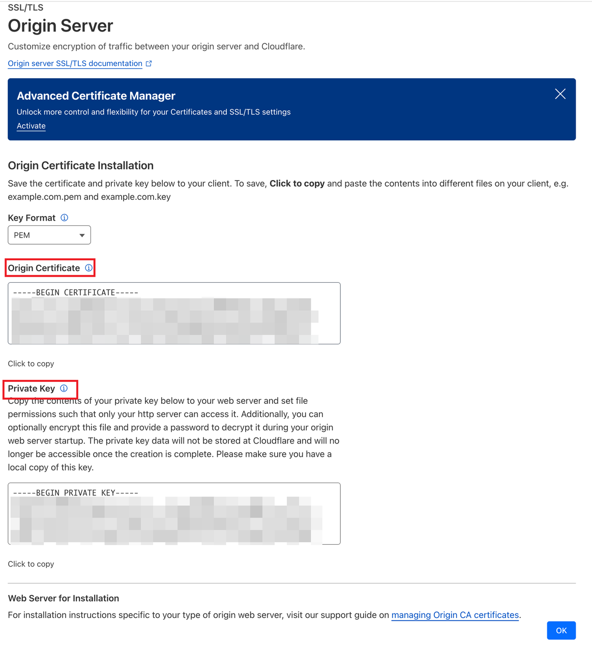 ((Figure 7: The certificate and private key generated by Cloudflare)