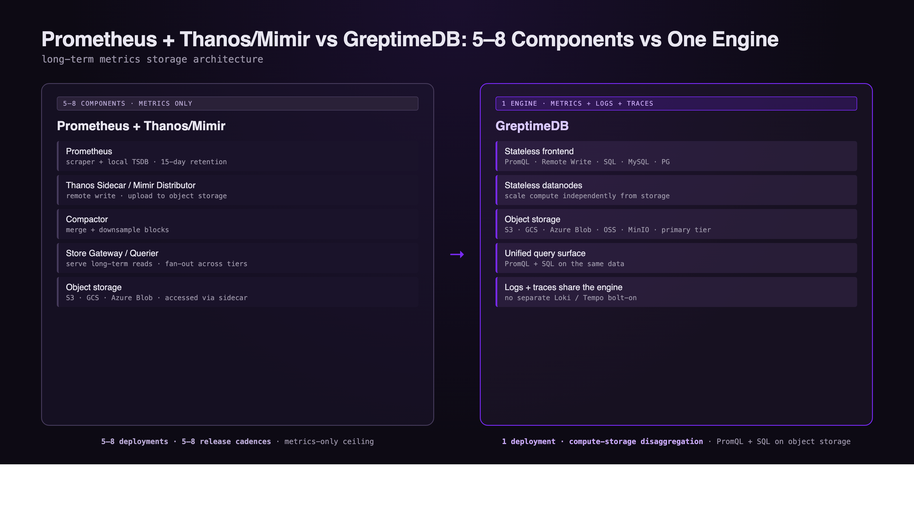 Prometheus + Thanos/Mimir stack versus GreptimeDB unified architecture